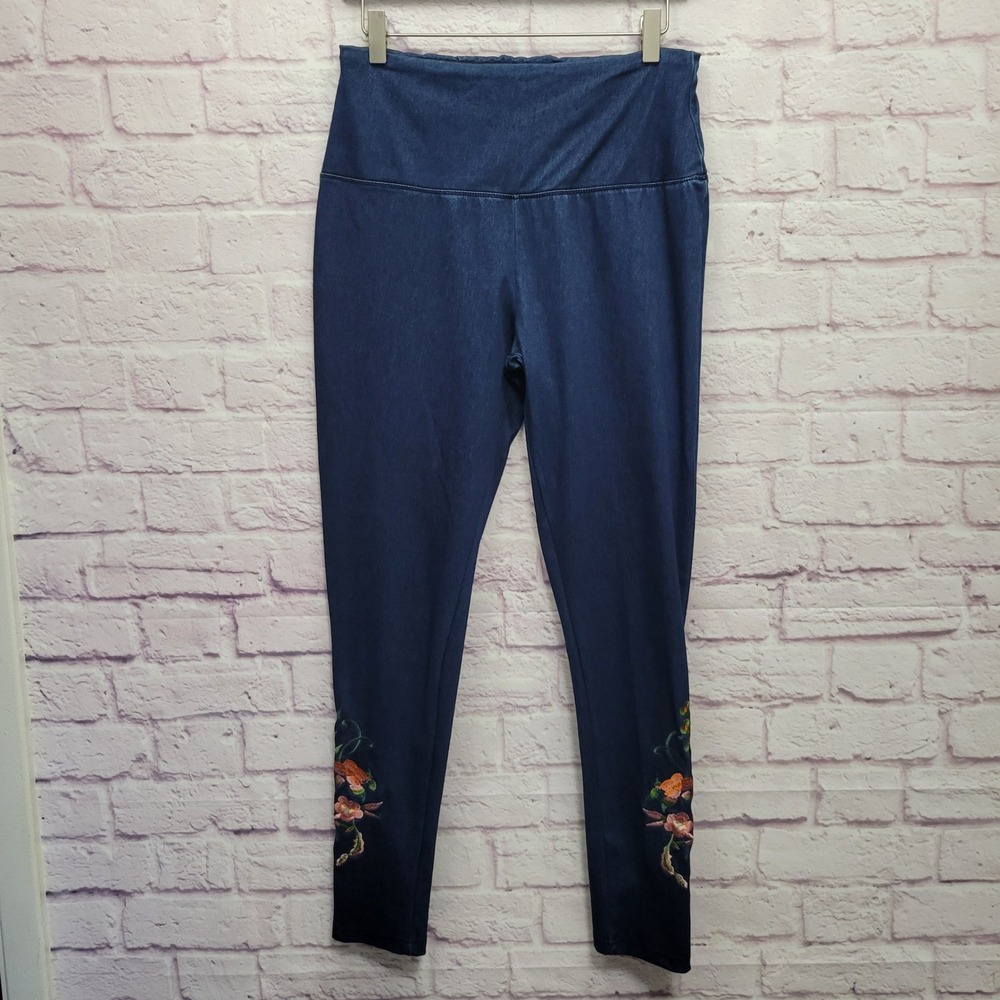 NEW Athena Marie Floral Denim Look Leggings‎ Womens M Travel Boho Casual Artsy